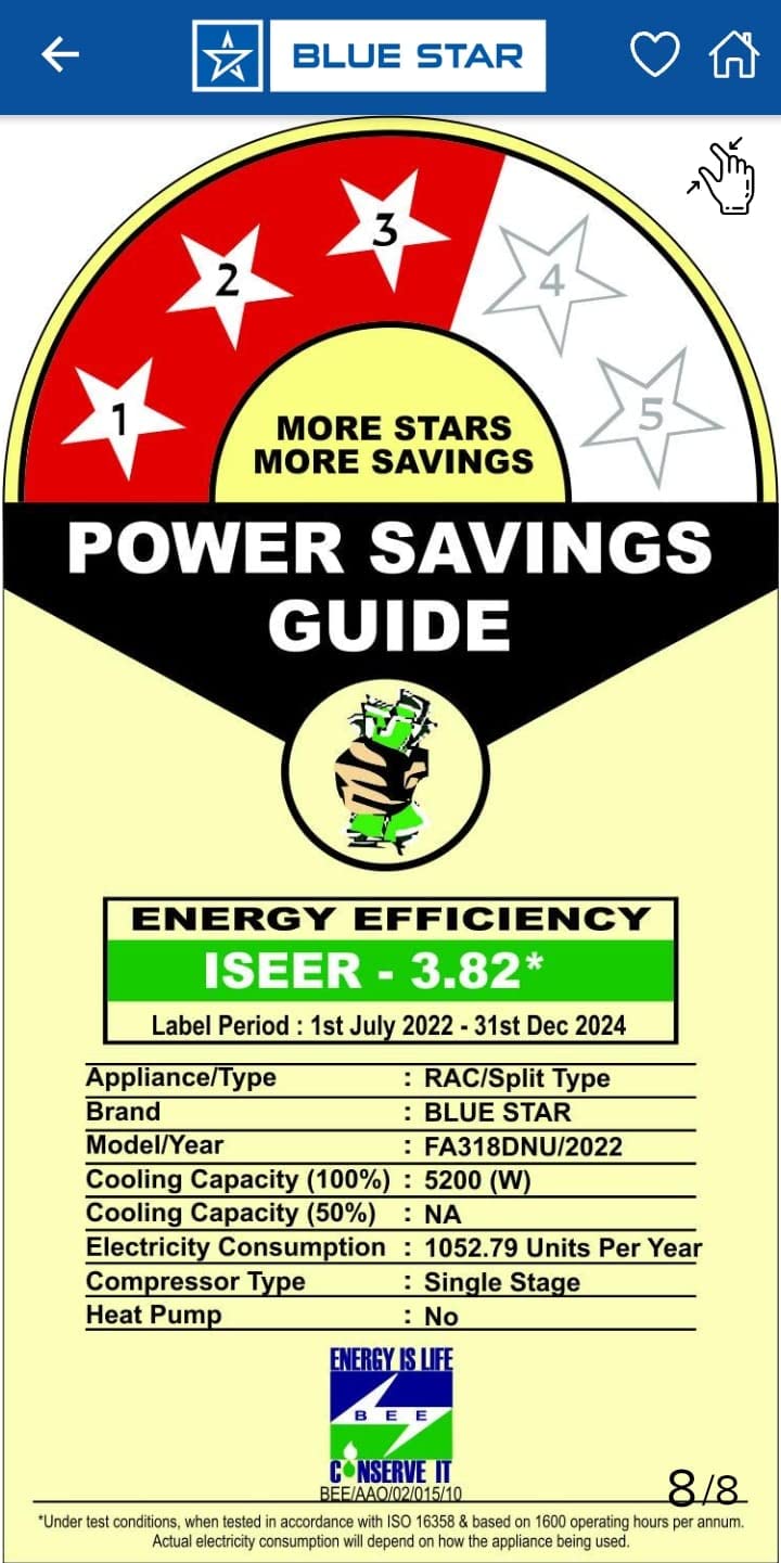 Blue Star Air Conditioner|1.5 Ton 3 Star|Fixed Speed Split AC|Copper|FC318DNU|2022|White 5