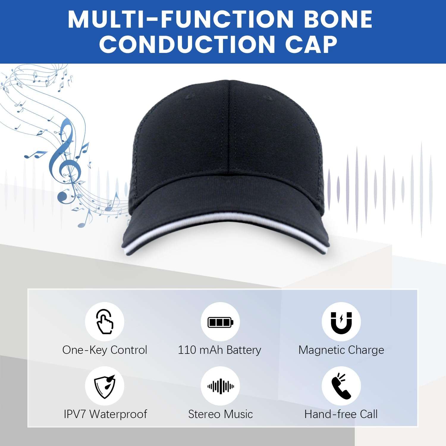 Dulailt Bone Conduction Headphones Hat, Bluetooth Cap with Headphones, Trucker Hat 20.4”-24.4”, Magnetic Charging, IPV7 Waterproof, Running Hiking and Fishing Black 3