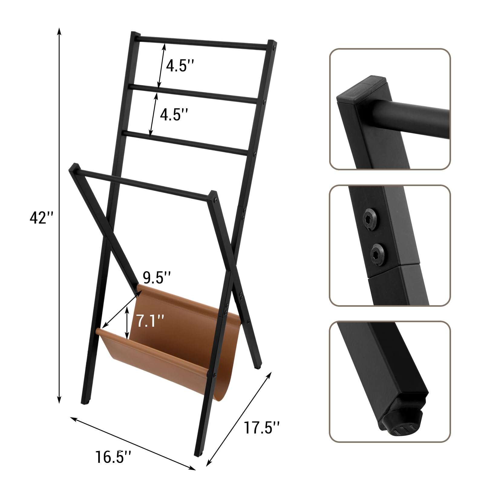 MyGift Blanket Ladder, Freestanding Blanket and Towel Rack with 4 Crossbars and Tan Leatherette Magazine Storage Holder – Modern Metal Floor Living Room or Bathroom Organizer Stand 6