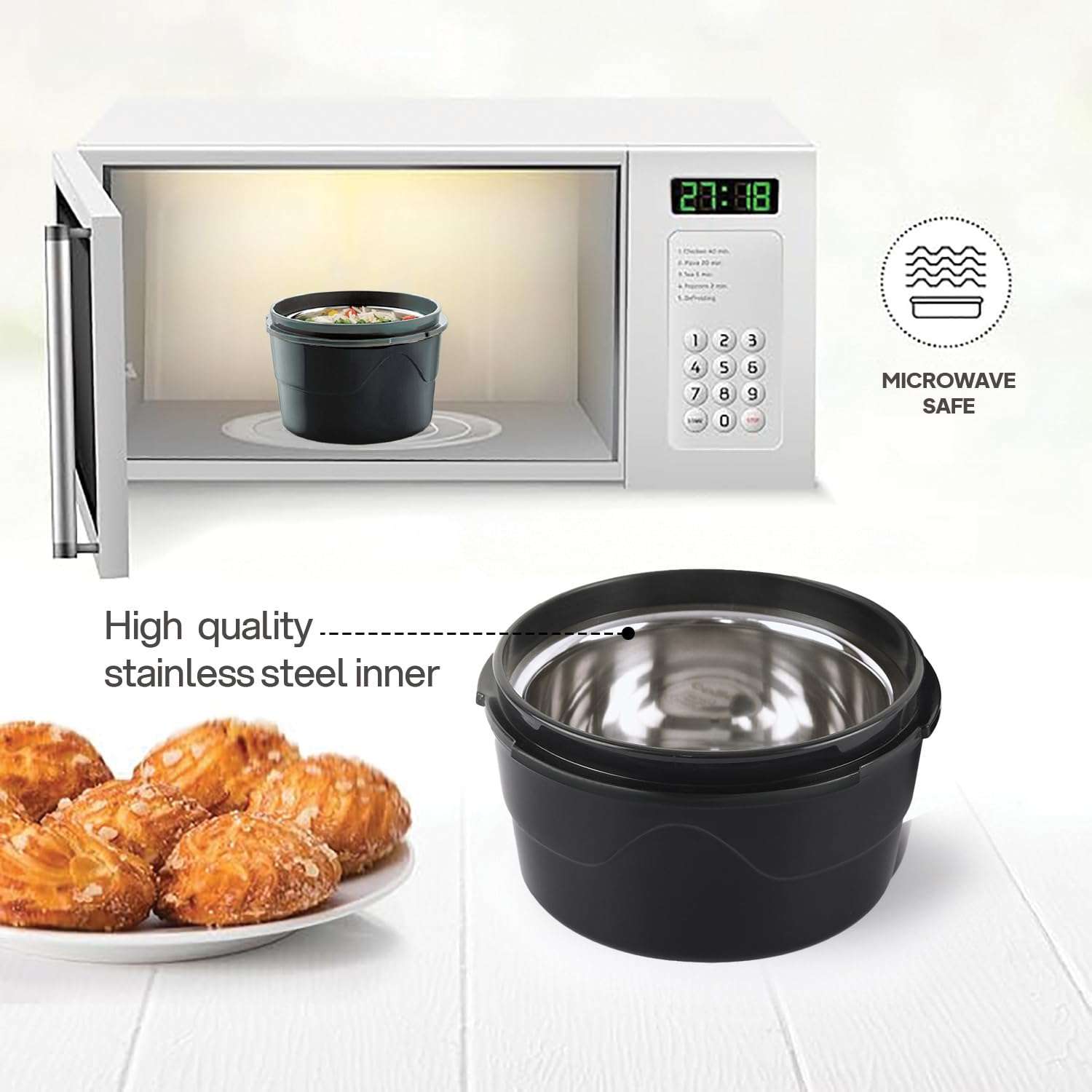 CELLO MF Alfa Stainless Steel Lunch Box Case Set with Bag for Office Use Black | 3 x 375ml Microwave Safe Steel Round Container, 1 x 800ml Steel Water Bottle | Air Tight Rustproof Leakproof Lunch Box 5