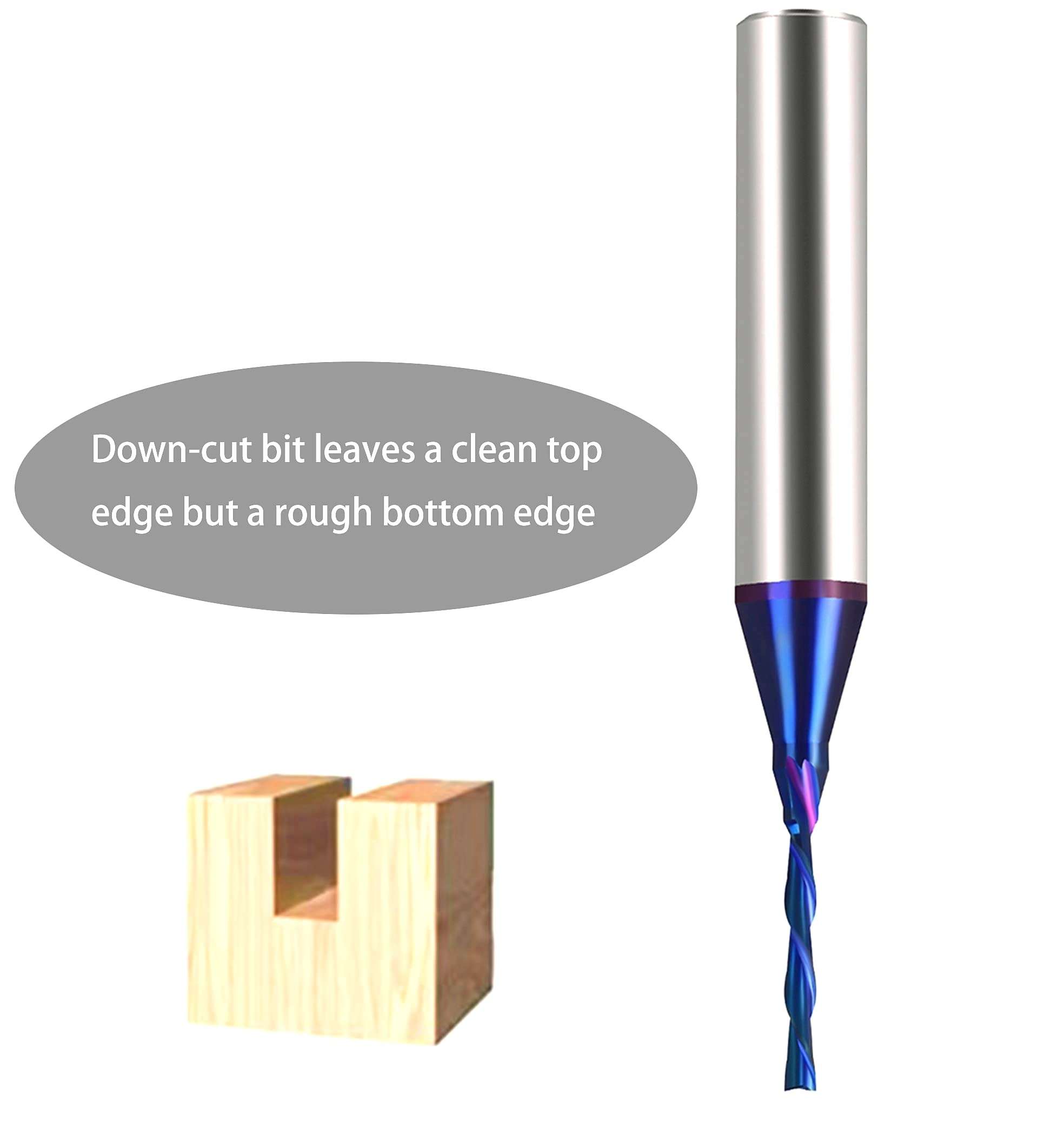 DashHound 2PCS Solid Carbide Spiral Plunge Down Cut 1/16 inch Cutting Dia 1/4 inch Shank Solid Carbide End Mill with Nanco Blue Coating CNC Router Bits for Wood Cut 3D Carving Engraving BRD222 5