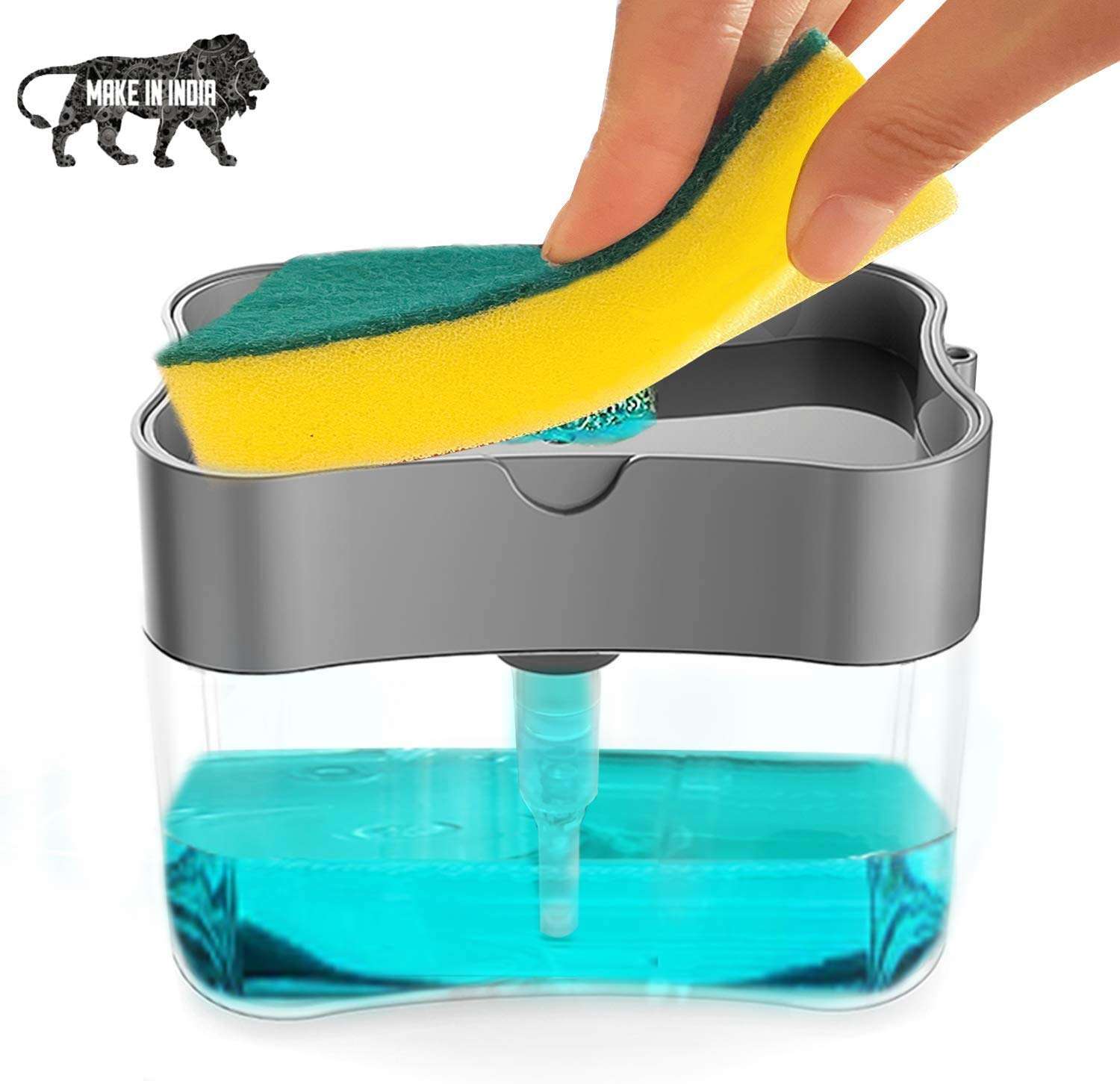 GROPOTIT� 2 in 1 ABS Plastic Liquid Soap Press-Type Pump Dispenser with Sponge Holder for Kitchen Sink (Random Colour; Standard; 385ml) Free Sponge(Made in India) 1