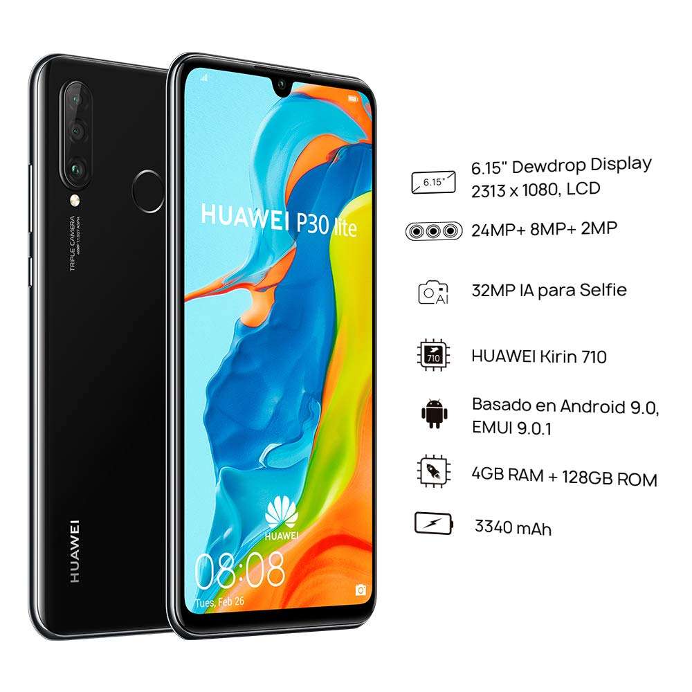 Huawei P30 Lite (128GB, 4GB RAM) 6.15" Display, AI Triple Camera, 32MP Selfie, Dual SIM Global 4G LTE GSM Factory Unlocked MAR-LX3A - International Version (Midnight Black) 2