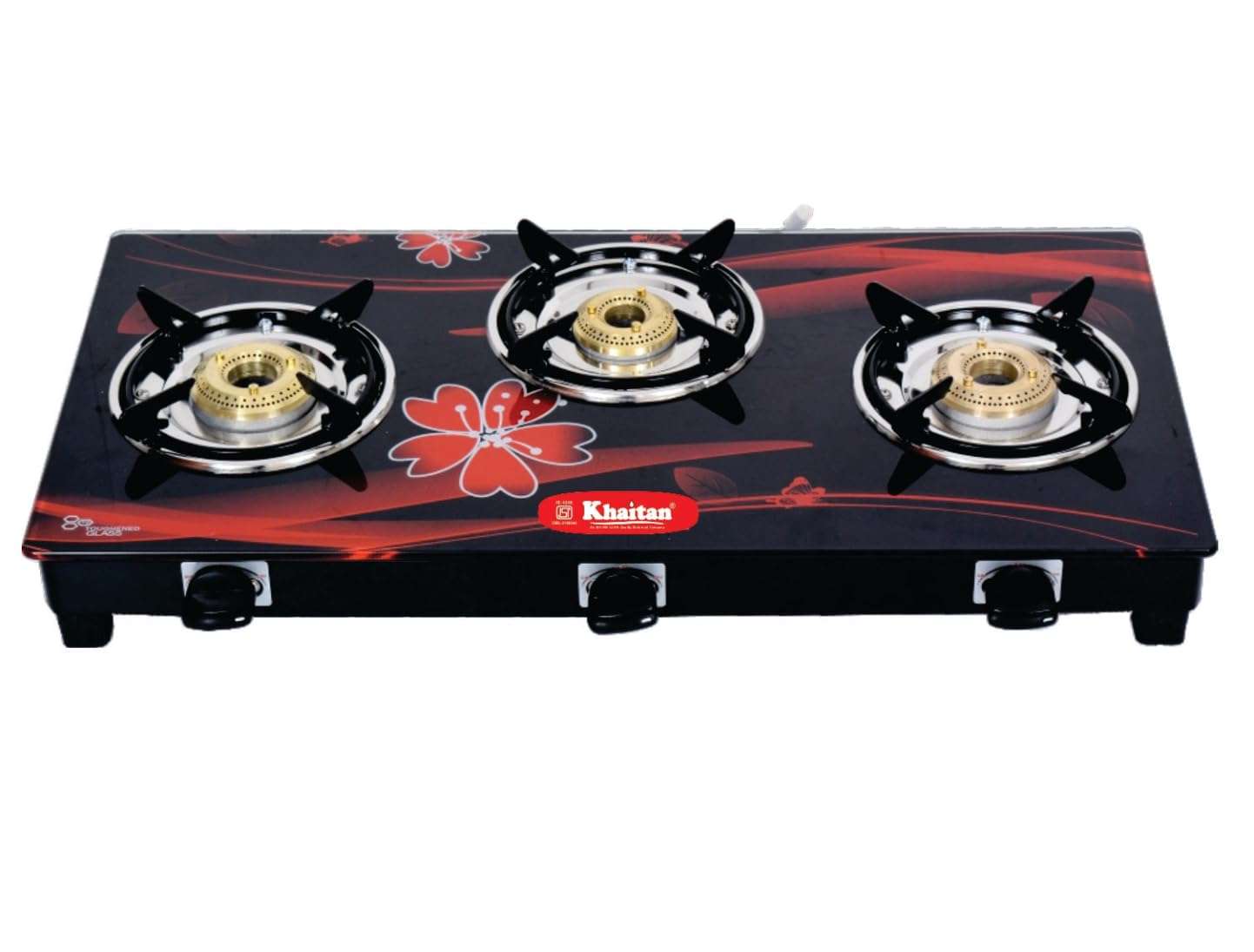 Khaitan 3 Burner Active Red with Brass Burners, Digital Toughened Glass, LPG Cooktop, Manual Ignition, Gas Stove, 1 Year Warranty, ISI Approved 1