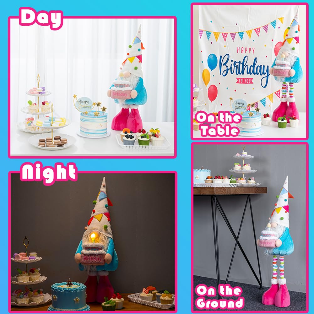 unanscre Large Birthday Gnome Plush Elf Decoration - 26’’-35’’ Standing Happy Birthday Gnome w/Retractable Spring Legs Handmade Rainbow Pennant Hat Hold LED Light Cake, Gnome Gifts for Women Mother 6