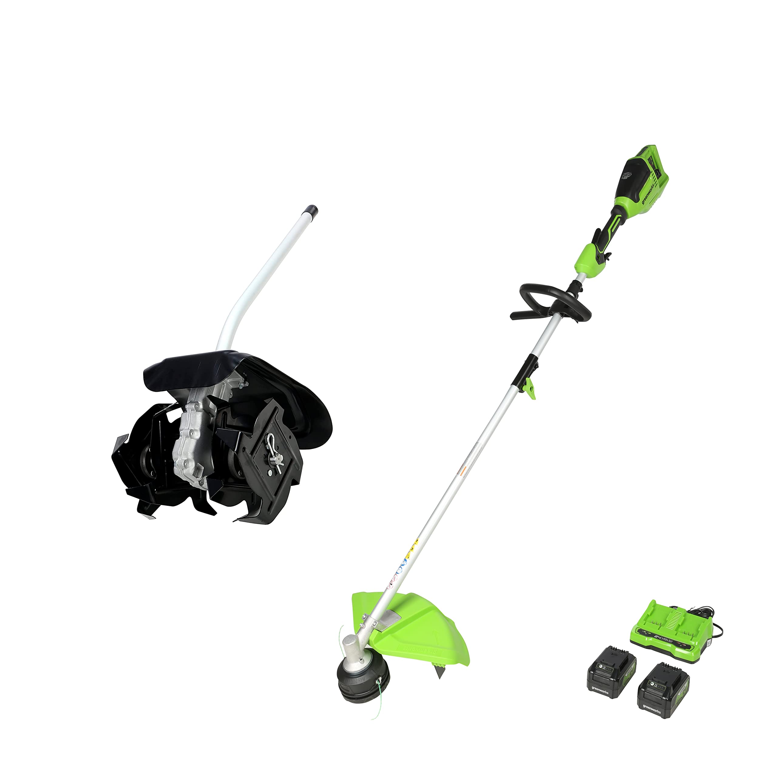 Greenworks 2 x 24V (48V) 16" Brushless (Attachment Capable) Cordless String Trimmer, Tiller, (2) 4.0Ah USB Batteries (USB Hub) and Dual Port Rapid Charger Included 1