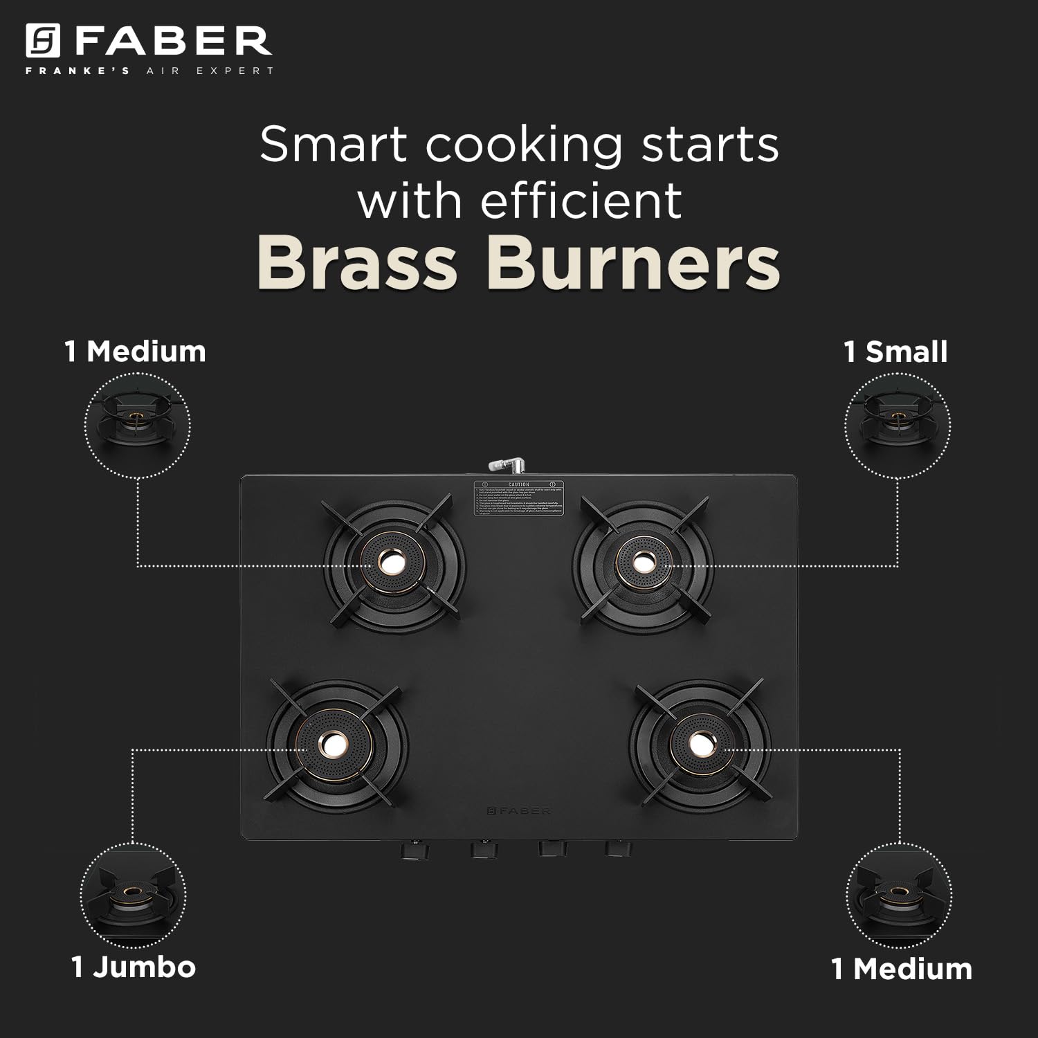 Faber Nebula Black Matt Finish Cooktop |4 Brass Burners - Jumbo, 2 Medium & Small | Manual Ignition| Heavy Pan Support with ABS Knobs| 5Yr Warranty on Glass & Burners by Faber|Cooktop Nebula4BB BK 6