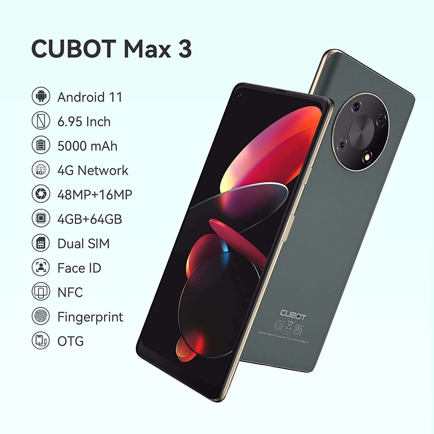 CUBOT Max 3P Unlocked Smartphone, Android 11 Cell Phone，6.95" Screen，4GB RAM + 64GB ROM, 4G Dual Sim Smartphone, 5000mAh Battery, 48MP Camera, Face-ID,Touch-ID, NFC, OTG, GPS, US Version（Green） 5