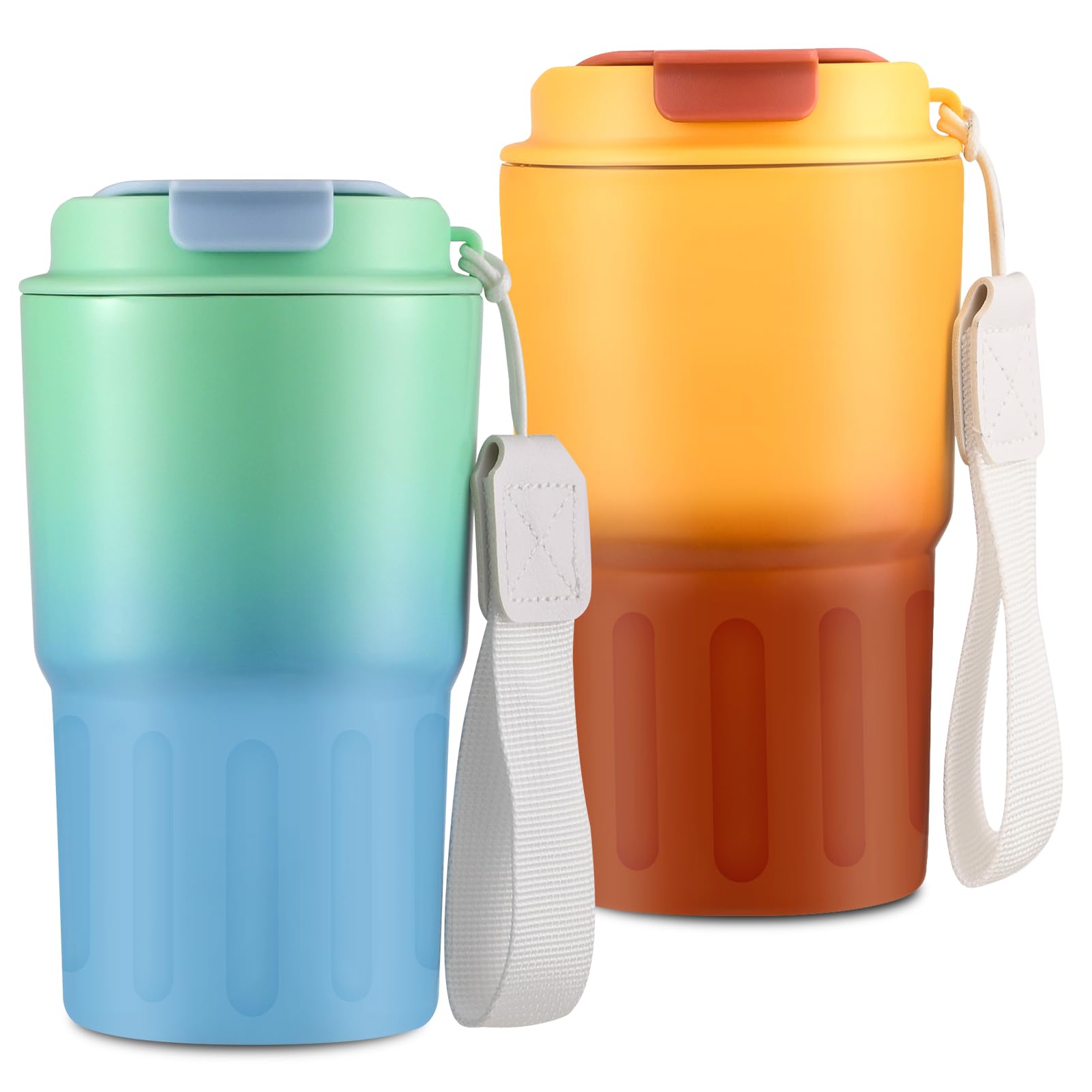 XIAPIA Travel Mug 12 oz, 2 Pack Cups With Lids, Leak Proof Reusable for Hot/Iced Coffee, Double Walled Vacuum Insulated Tumbler Gift (Green-Blue + Orange-Brown) 1