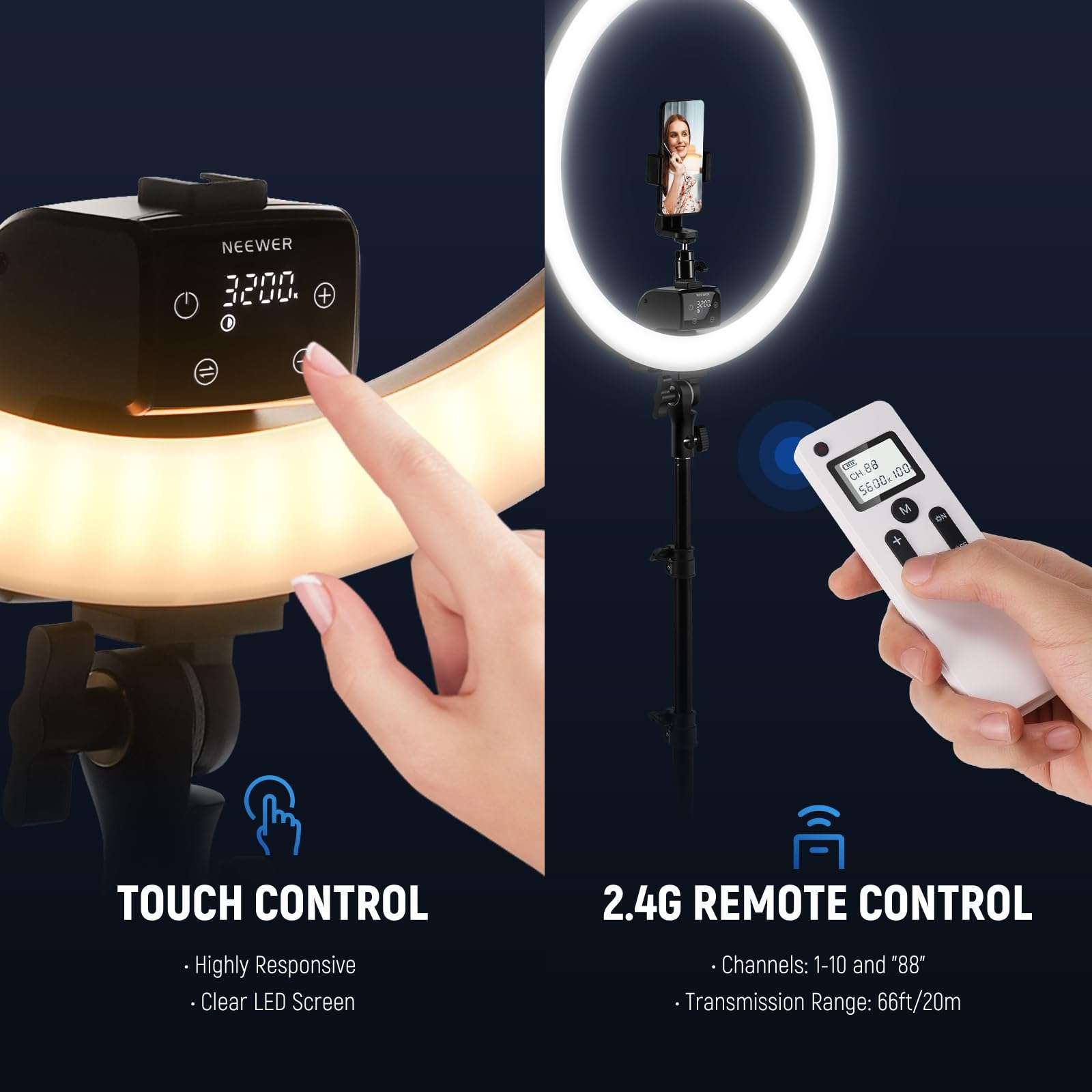 Neewer Advanced 18 inch LED Ring Light Support Manual Touch Control, 2.4G Remote and Multiple Lights Control, 3200-5600K, Stand and Metal Phone Tripod Mount Included for Makeup YouTube Video Salon 5
