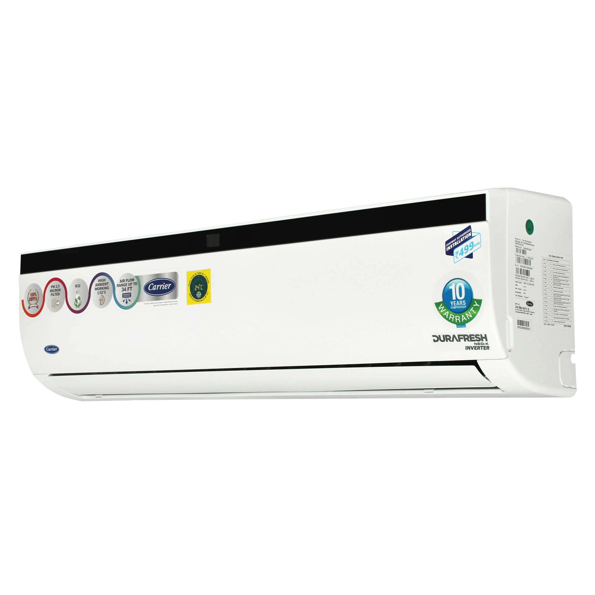 Carrier 1.5 Ton 3 Star Inverter Split AC (Durafresh Neo X, CAI18DN3R39F0, White) 2