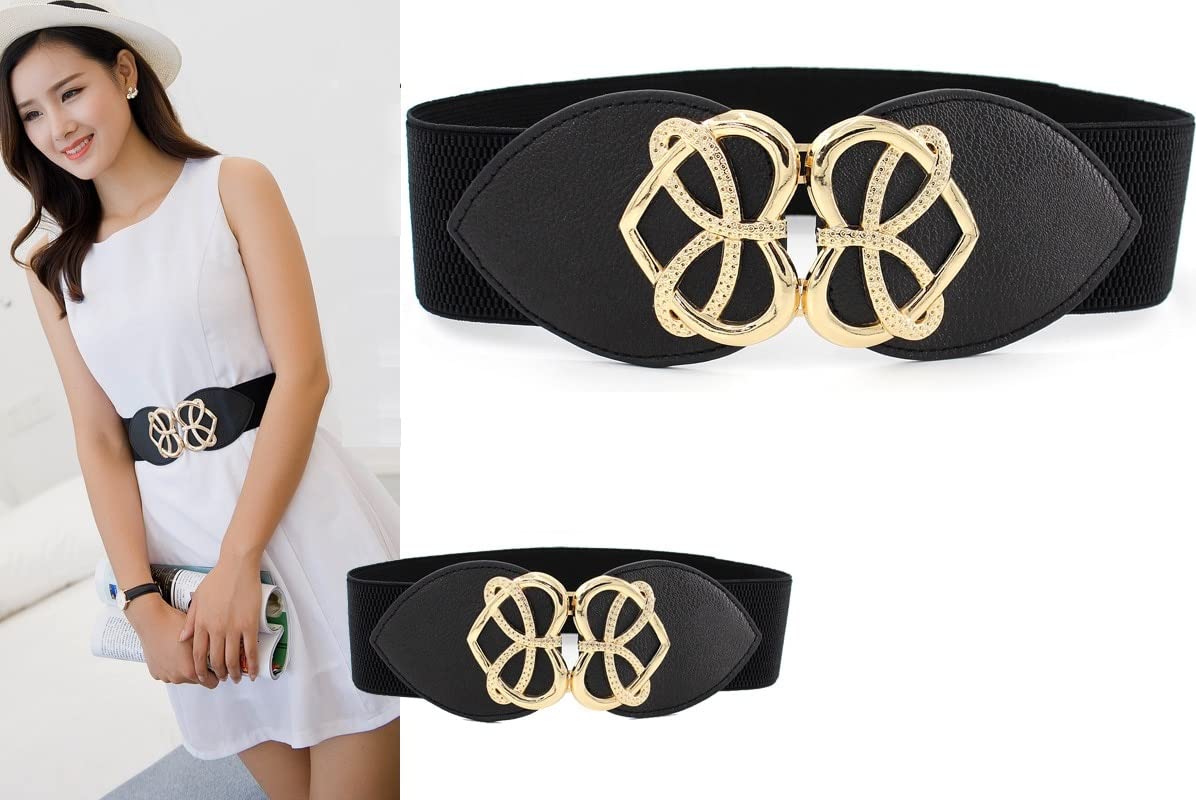 TREXEE Girl's Women's Fashion Metal Stretchable Traditional Western Fashion Dress Belts Waist Belt Belly Chain Metal Waistband Skinny Belt Strap Belt for Dress (BLACK, 1) 2