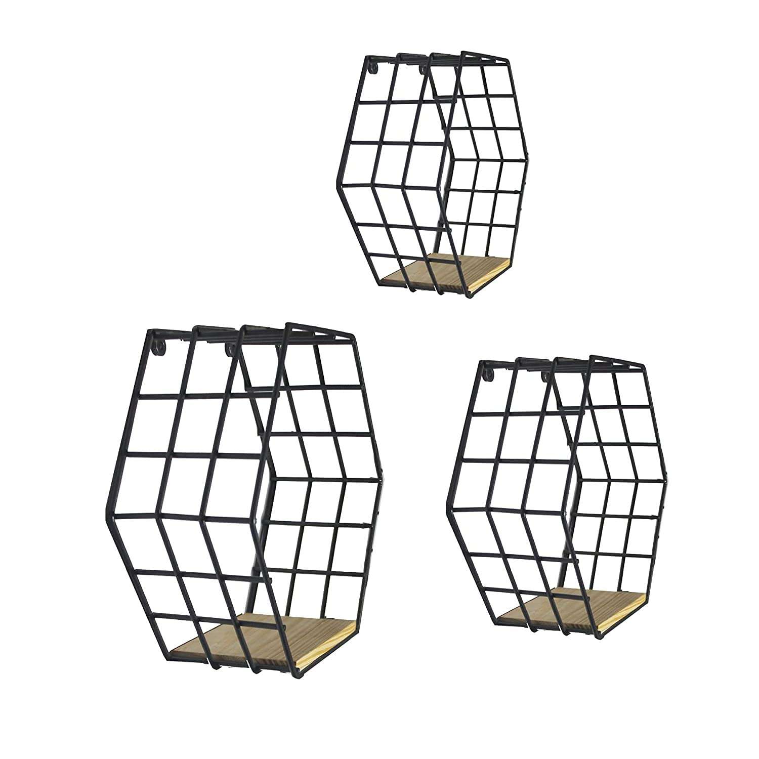 Woodiva Wrought Iron Shelves Wall Mounted Set of 3,Wood and Iron Wall Shelves for Bedroom, Living Room, Bathroom, Kitchen (Black 5