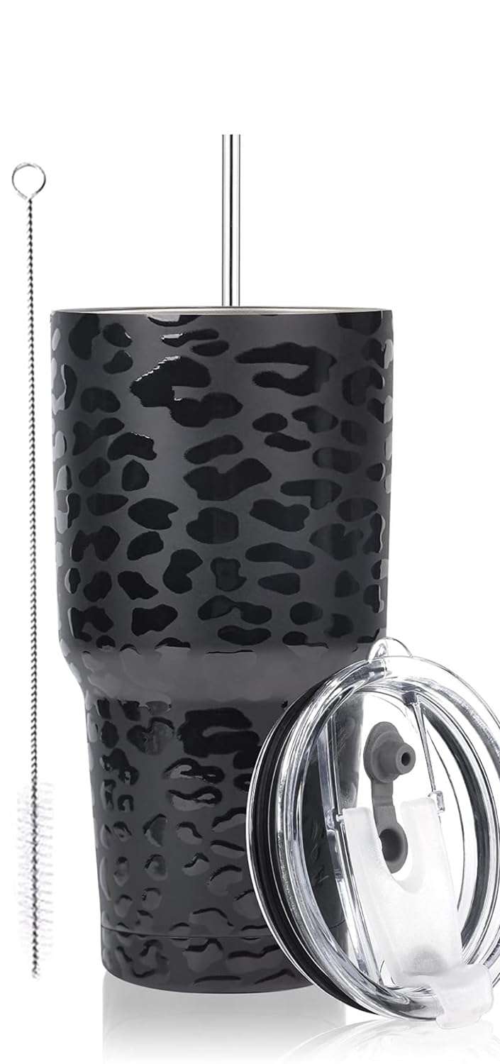 D·S 30oz Black Leopard Tumbler Stainless Steel Insulated Travel Mug with Straw Lid Cleaning Brush 1
