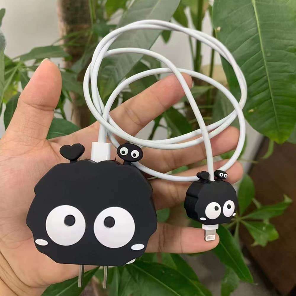 AUGEN iPhone Charger Protector Case, Portable Charger Cover for 20W iPhone USB C Cable, Lightning Cable Cover, Cartoon 3D Design Power Adapter Case for Charging (Black, Pack of 1) 4