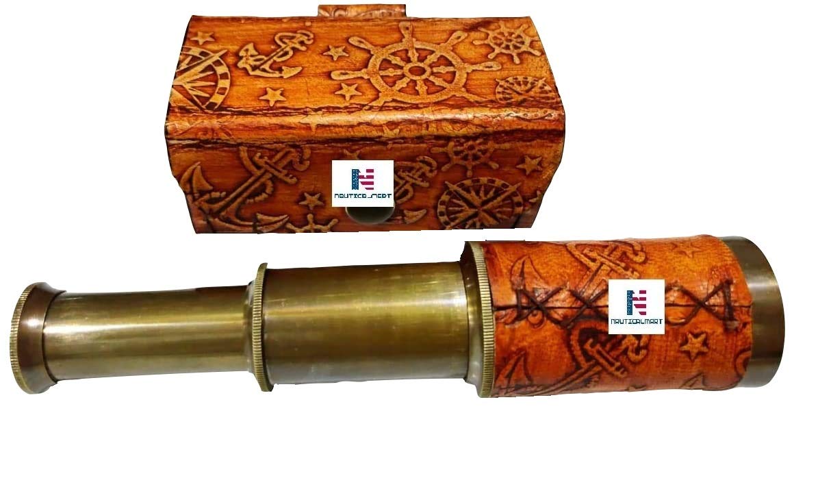 Nautical Brass Spyglass Telescope with Box, Brass Pirate Telescope, Spyglass Collapsible Monocular Decorative Telescope with Glass Optics for Kids Travellers Adventure Enthusiasts Collectible 6''