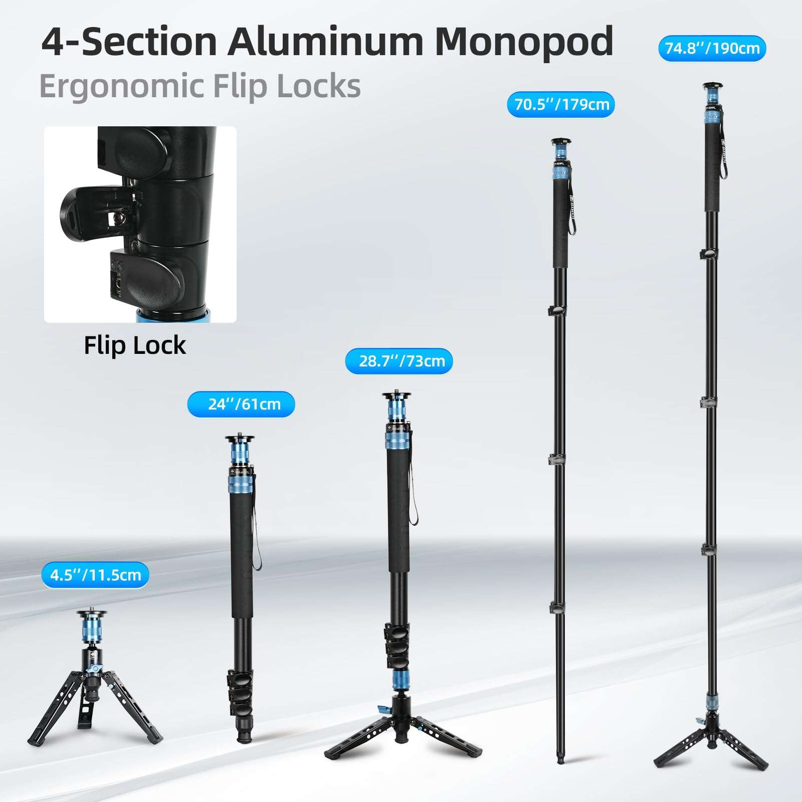 SIRUI AM-404FL Camera Monopod with Feet, 74.8 Inch Aluminum Video Monopod with Removable Base, Slim and Lightweight, Max Load 26.4lbs, 360°Panorama Panning, 4-Section for Canon Nikon Sony 5