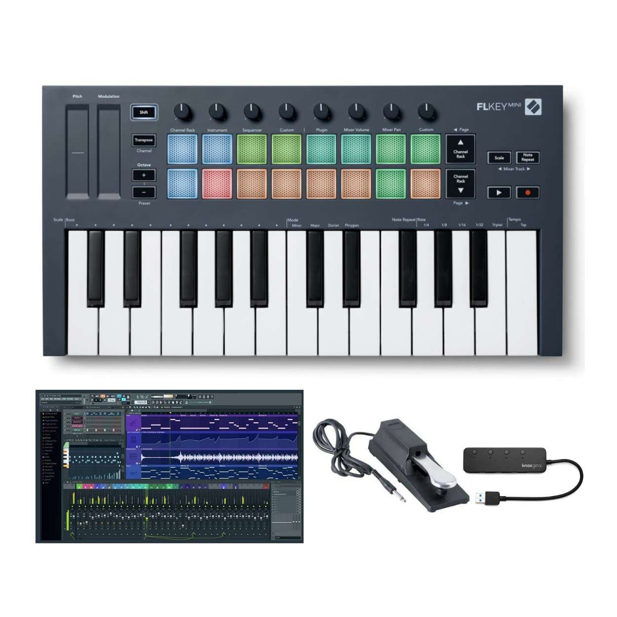 Novation FLkey Mini 25-Key MIDI Keyboard Controller for FL Studio with FL Studio 20 Fruity Edition Software (Boxed), Keyboard Piano Style Sustain Pedal (Black) and 4-Port USB 3.0 Hub Bundle (4 Items) 1