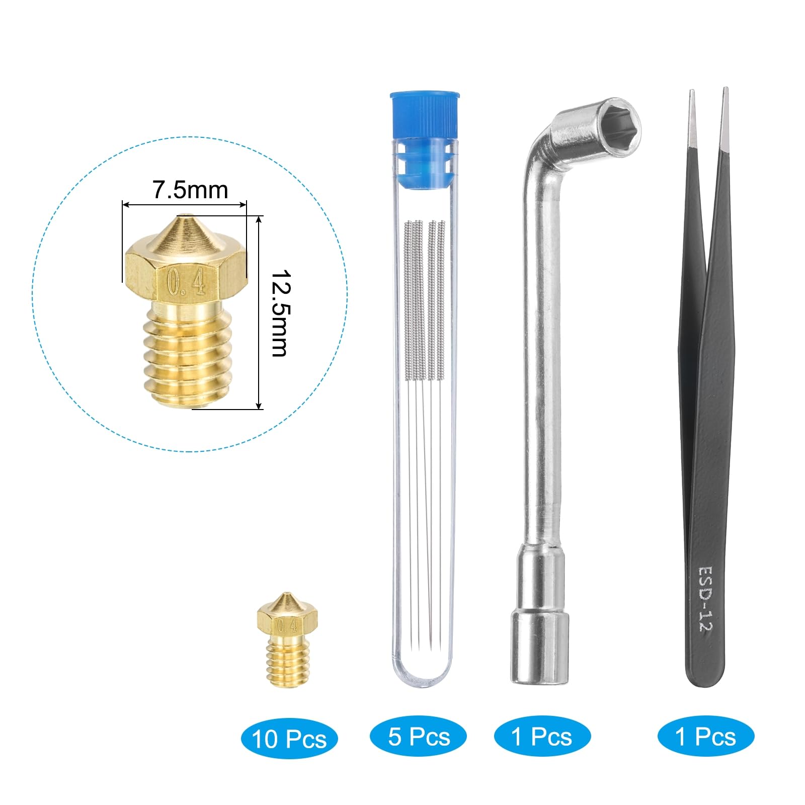 uxcell 3D Nozzles Kit, 10pcs 3D Printer Brass Nozzles 0.4mm, 5pcs Nozzle Cleaning Needles, with a Socket Wrench and a Tweezer, for 3mm Ender3 Series 4