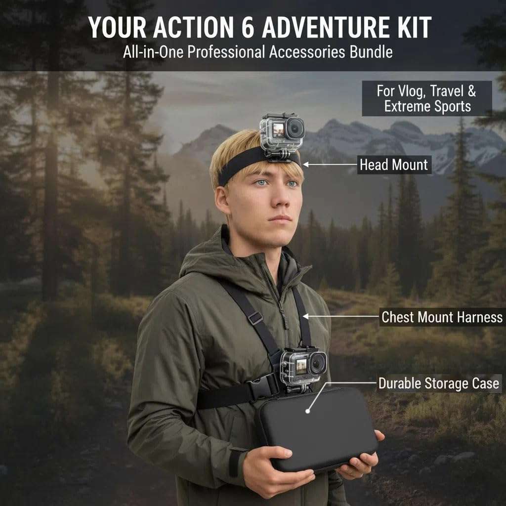 Accessories Kit for DJI OSMO Action 6, Large Carrying Case, Waterproof Housing Case, Handlebar Clamp, Screen Protector, Selfie Stick, Chest Head Strap, Backpack Belt, Floaty Bobber, Suction Cup 3