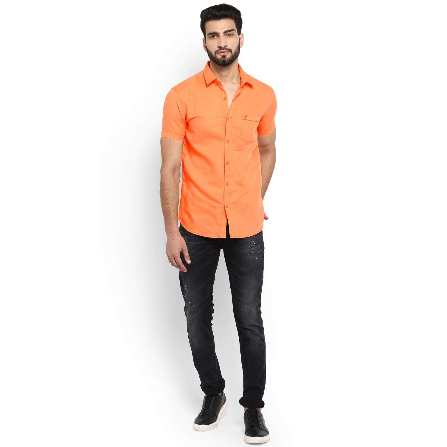 Mufti - MFS-10258-I Men's Solid Orange Half Sleeve Slim Fit Cotton Linen Shirt, 3XL 2