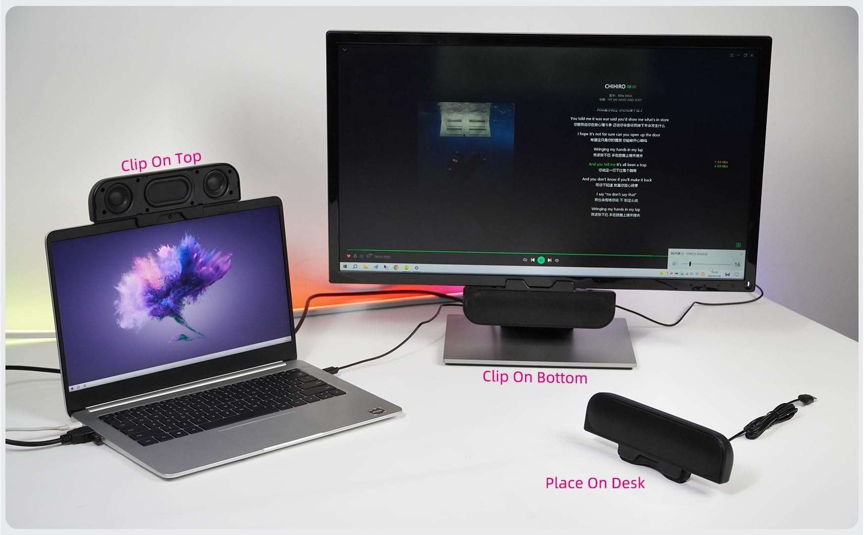 Computer Speakers for Desktop PC, Monitor Speakers, USB Plug-in, Wired, External Speaker for Laptop, Small Computer Soundbar for PC, with Loud Sound, Deep Bass, USB-C Adapter, Easily Clamp to Monitor 6