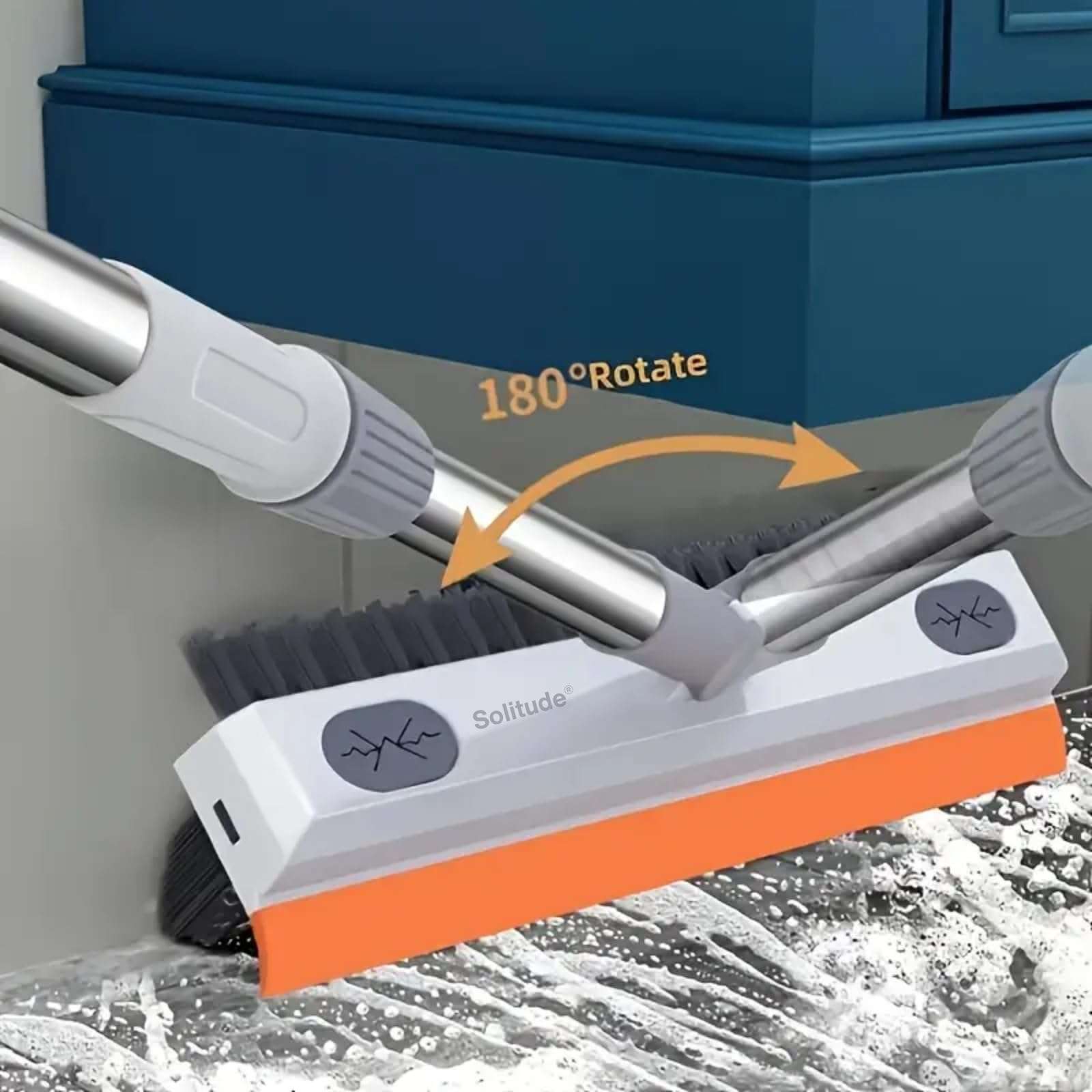 Solitude Heavy Duty 3-in-1 Bathroom Cleaning Brush with Wiper | V-Shaped Bristles, 180° Rotating Head, Long Handle Cleaning Tool | Floor Scrub Brush for Tiles, Wall, Toilet Corners, Glass & Kitchen 3