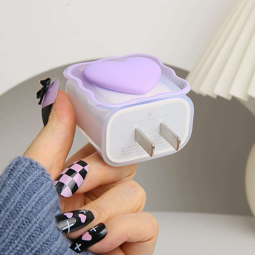 QLD COVER Compatible with iPhone 18W/20W USB-C Charger Cover Lovely 3D Love Heart Waves Clear Soft Charger Protector Cute Cable Saver for iPhone 11 12 13 14 Pro Max Fast Power Adapter, Purple 1 (5in1) 6