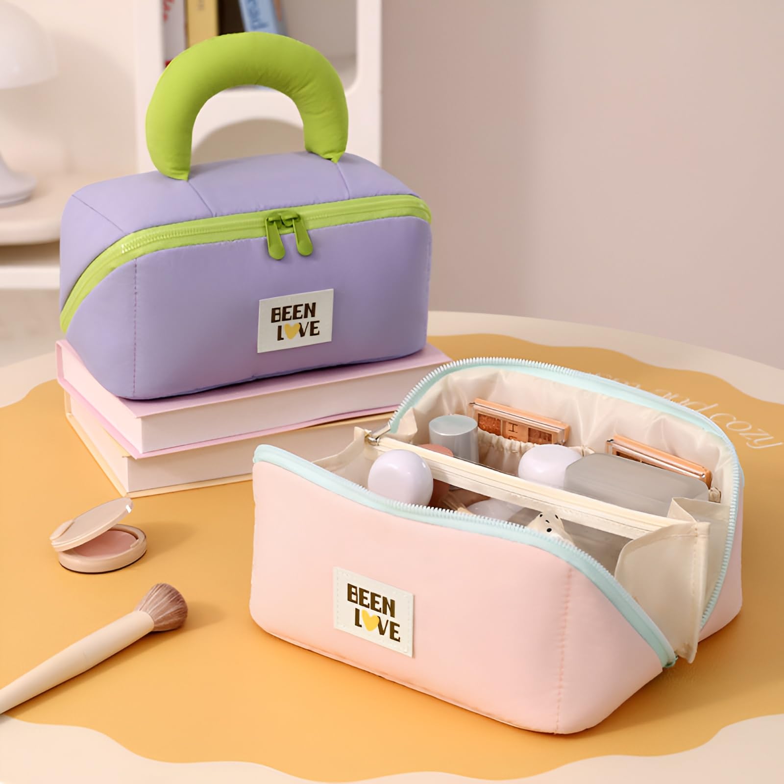 Travel Makeup Bag for Women | Portable Cosmetic Organizer with Handle & Zipper | Waterproof Toiletry Pouch for Makeup Brushes, Skincare & Accessories (Cross Open Bag, Purple) 4