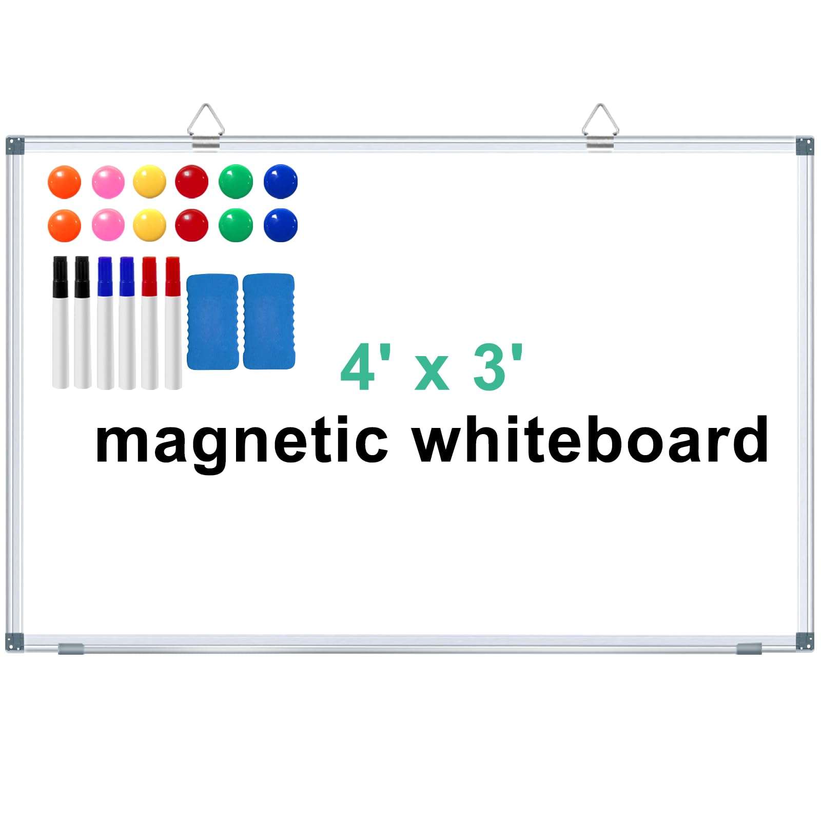 H-Qprobd Large Dry Erase White Board 4' x 3' Magnetic Whiteboard 48"x36" Aluminum Presentation Whiteboard with Long Pen Tray, 6 Markers, 2 Erasers &12 Magnets 1