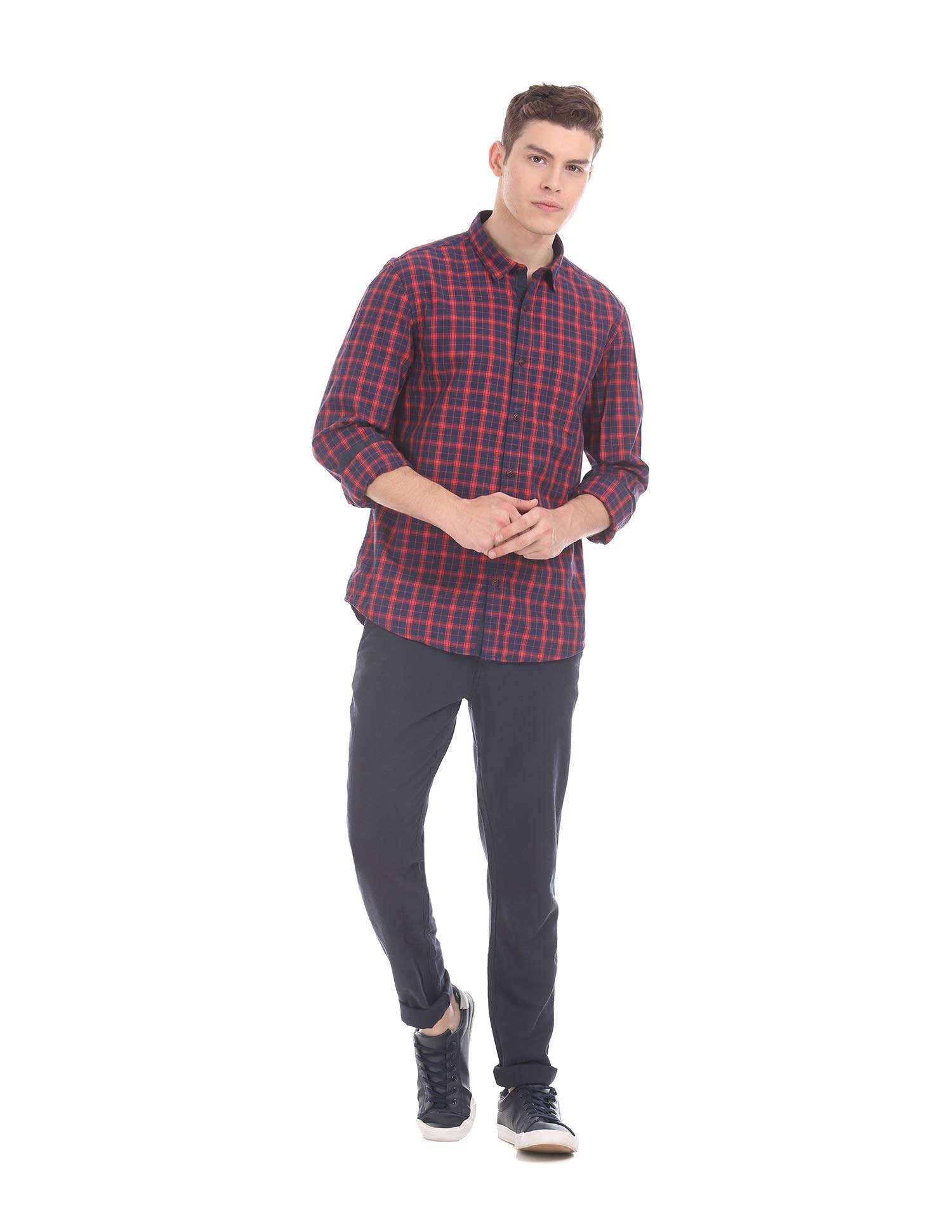 Ruggers by Unlimited Men's Checkered Slim fit Casual Shirt (281580258_RED_L_FS 2