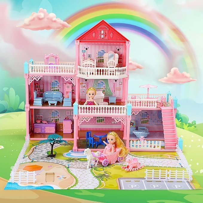 Pihura Dollhouse Building Toys, Playset with LED Lights, Movable Slides, Stairs, Furniture, Accessories, Dolls and Pets, Cottage Pretend Play House, DIY Creative Gift for Girls Toddlers (Medium) 5