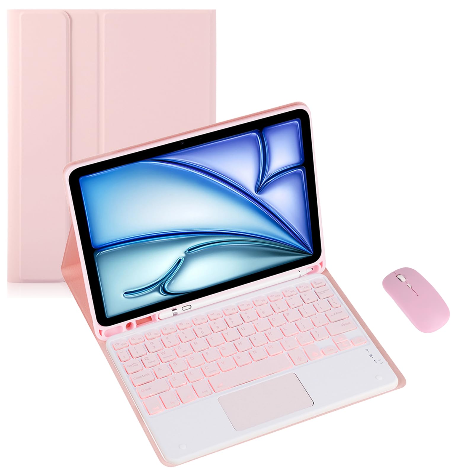 Keyboard Case for Samsung Galaxy Tab A8 X200/X205 10.5inch Tablet, Multi Angle Bracket Keyboard Protective Cover, PU Soft Silicon Border with S Pen Holder (Pink,Backlight Touch Pad and Mouse)