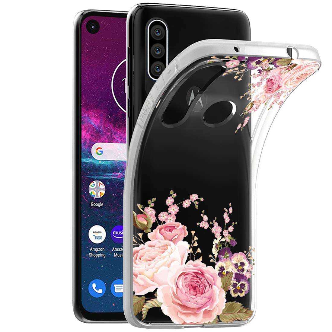 Ueokeird Case for Motorola One Action,Moto P40 Power Case, Slim Shockproof Clear Soft Flexible TPU Back Floral Phone Protective Case Cover for Motorola Moto P40 (Rose Flower) 2