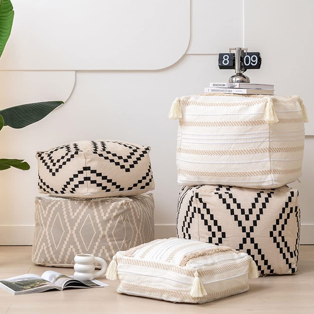 MOCOFO Decorative Square Pouf Cover for Bedroom Boho Cotton Unstuffed Pouf Footstool (Black Diamond,18x18x18) 4