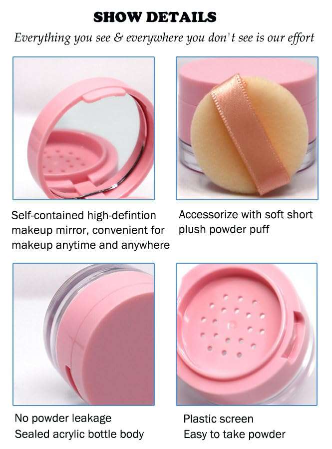 AKOAK Capacity 3g (0.1 oz) Leak-free Reusable Plastic Powder Box DIY Makeup Powder Box, Mini Portable Flip Lid Travel Powder Box with Mirror 3