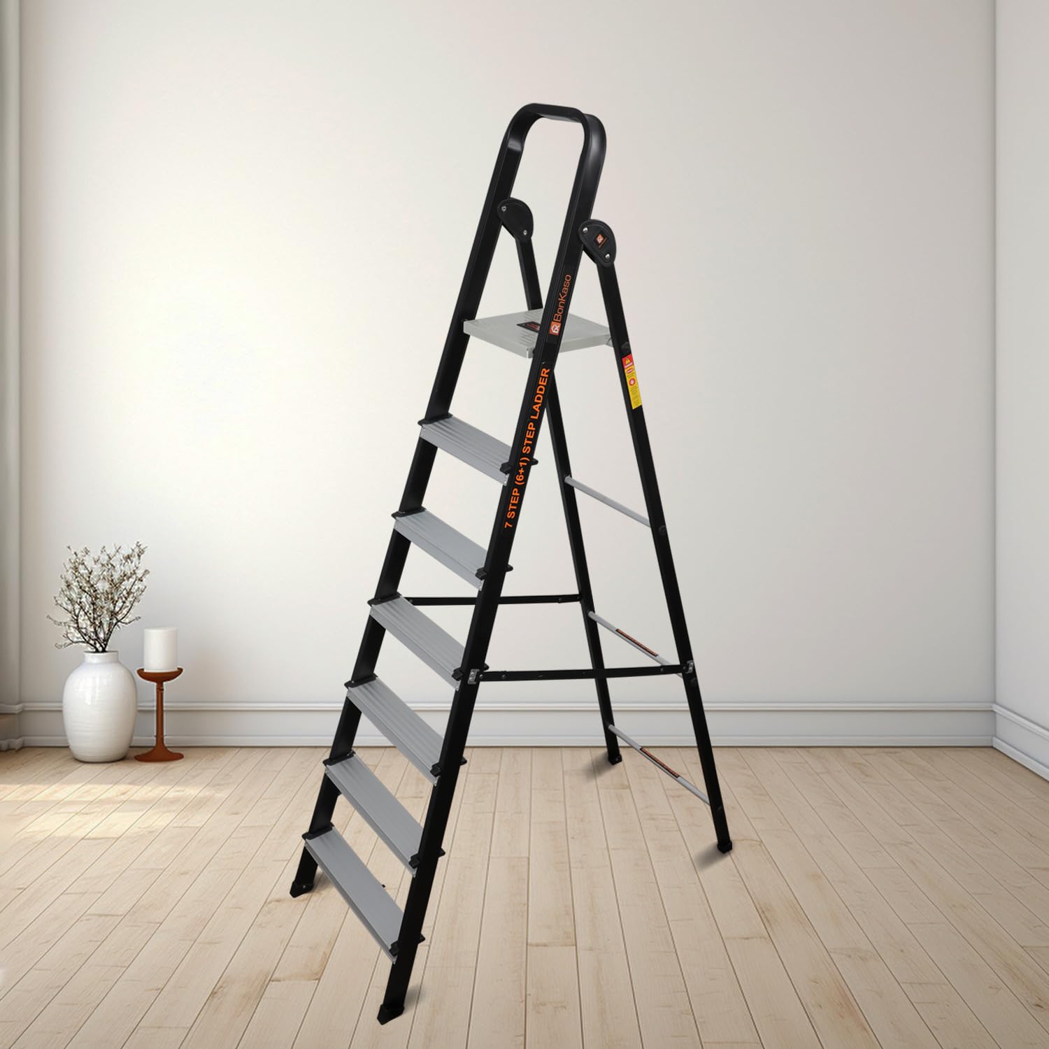 Bonkaso 7 Steps Climb Lite Pro Foldable Aluminium Ladder, Load Capacity upto 120kg, Multipurpose ladder for home & office, Anti-Skid Steps, Heavy Duty Platform, 5 Years Warranty (215h x 56w Cms) Black