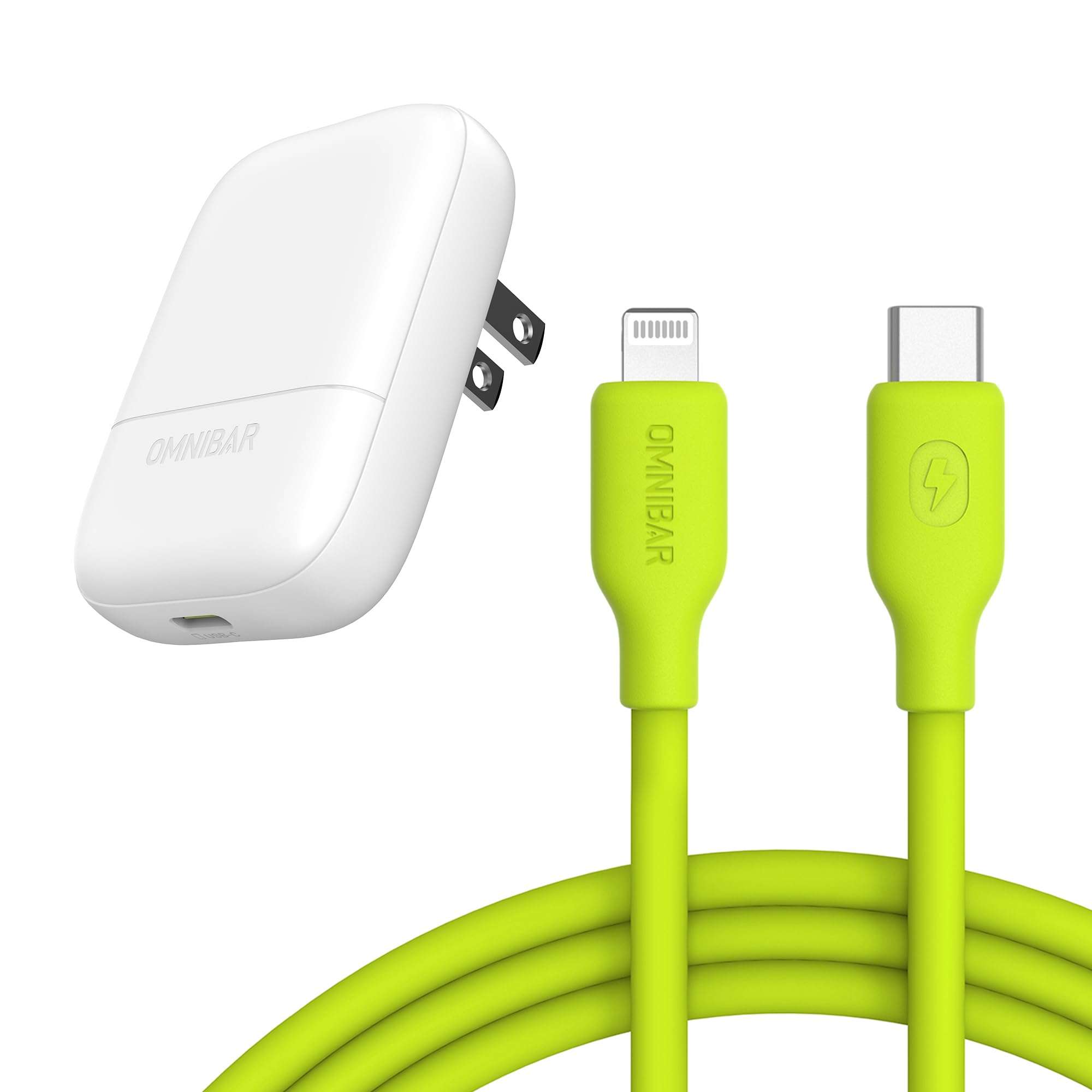 Omnibar Slim Flat USB C Wall Charger with USB C to Lightning Cable (6FT/Silicone/Green), 30W GaN Charger PD3.0 PPS Fast Charging Block with MFi Certified Lightning Cable for iPhone 14/13/12/11/XR/XS 1