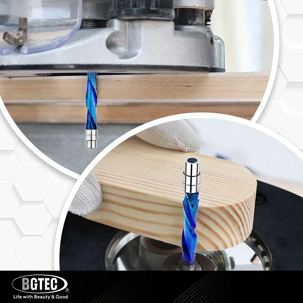BGTEC Spiral Flush Trim Router Bits, 2pcs Up&Down Cut Spiral Bits, 1/4" Shank, 1-1/8" Cutting Length, Solid Carbide, Nano Coated for Woodworking Trimming 6