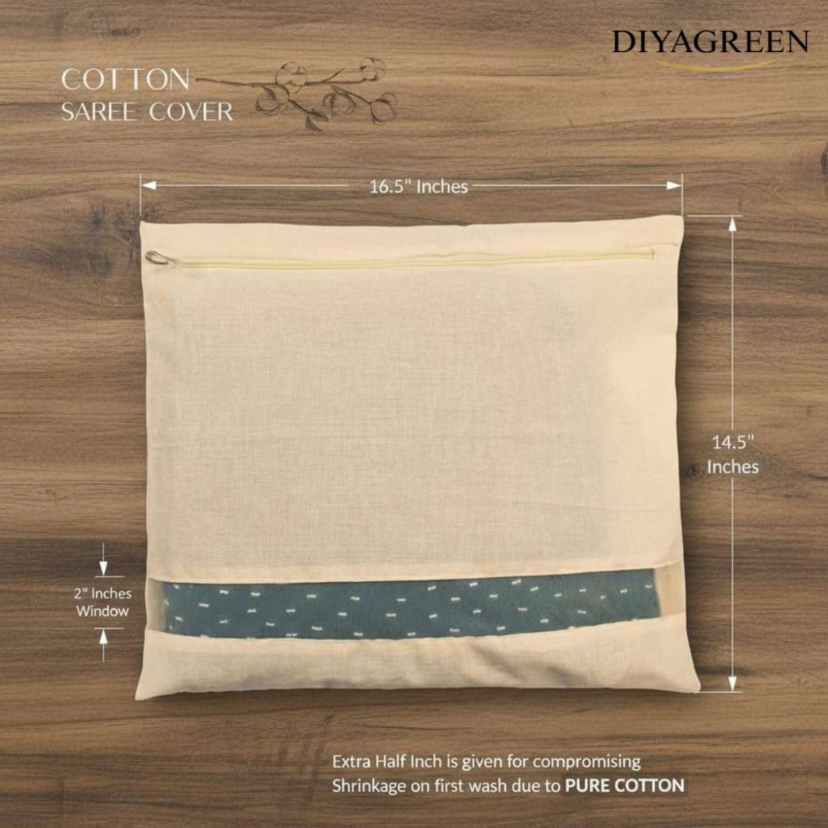 DIYAGREEN Cotton Saree Bags/Covers For Storage Set Of - 12 Big Size Single (16 X 14 Inches) With Zip Closure For Clothes Bags And Wardrobe Organizer With Transparent Mesh Window, Beige 3