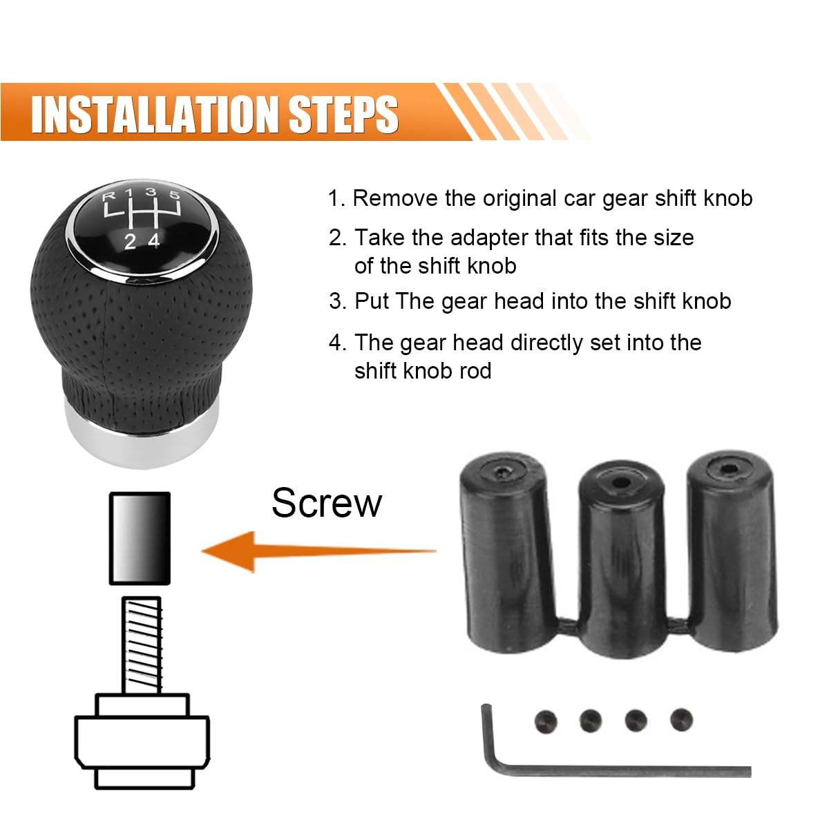 Car Shift Knob - 5 Speed Transmission Head, Black Leather Handle, Universal Lever Kit for Automatic or Manual Gear (Black 5-Stop R, Round) 6