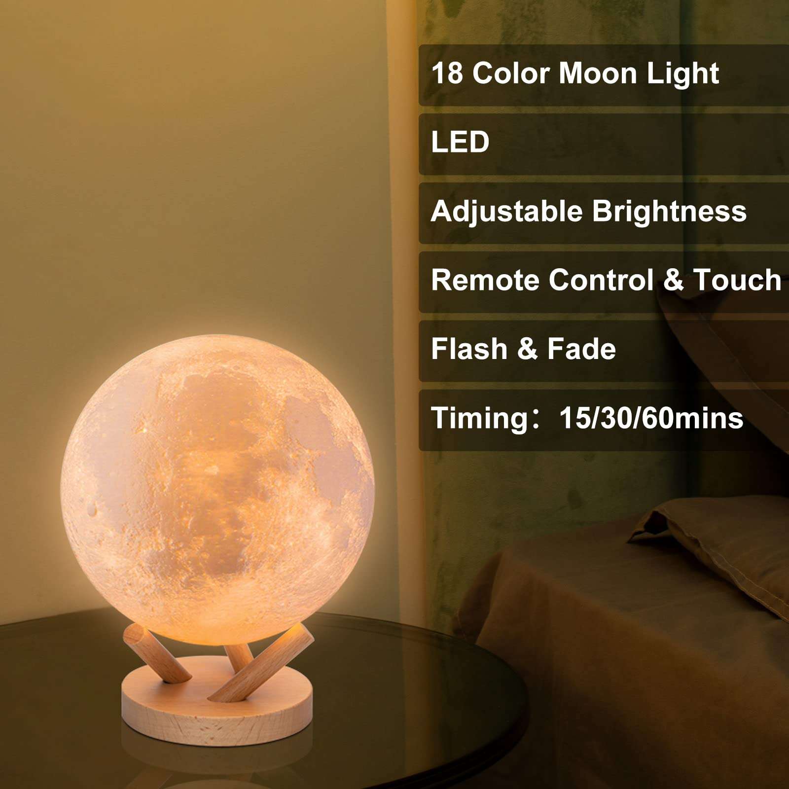 Moon Lamp, FIRPOW 18 Colors Sliding Control 3D Priting Moon lamp Night Light with Flash /Fade Function,Remote,Timer,USB Charging,Decor Your Room,Best Gifts for Your Family,Friends,etc.-6inch 3