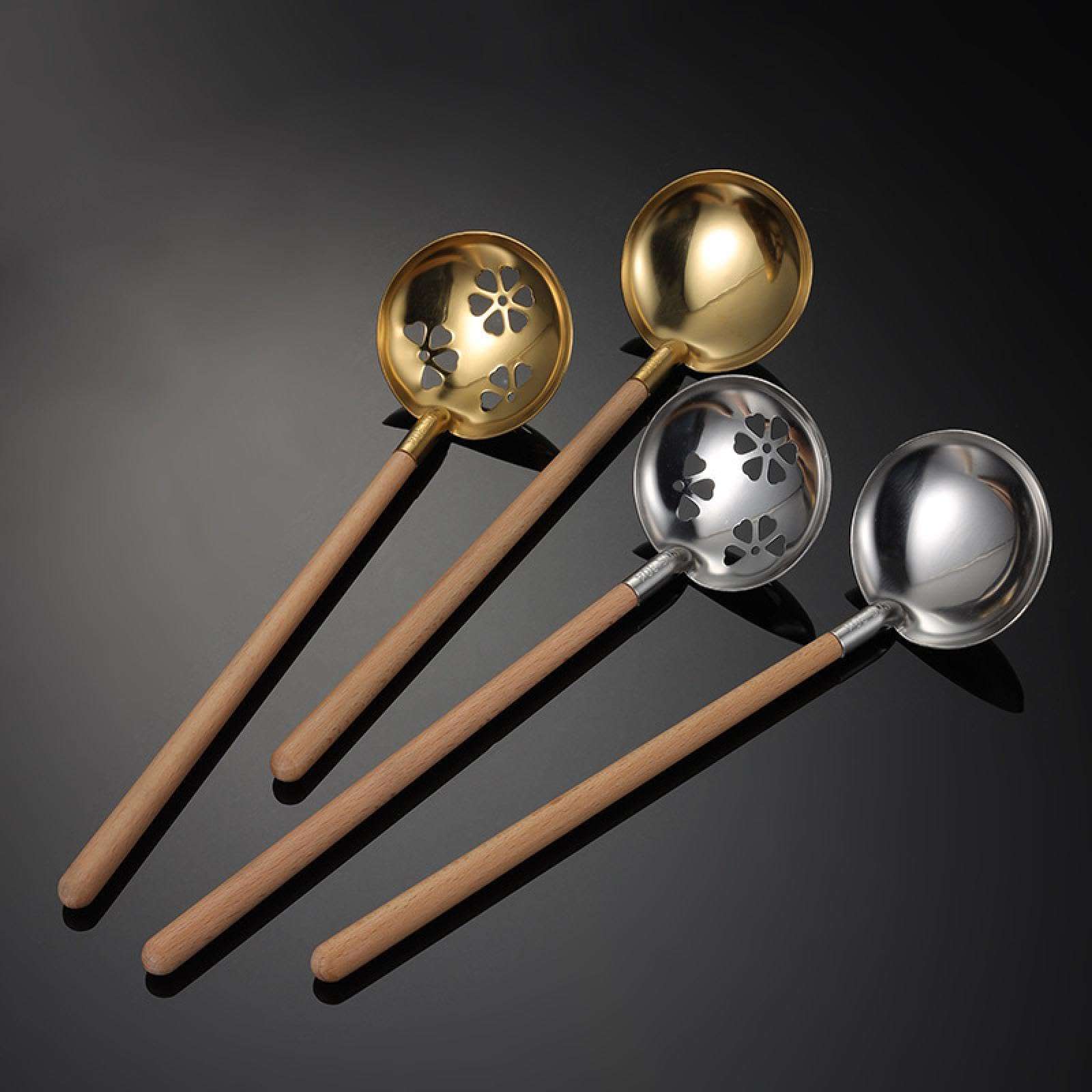 Stainless Steel Cutlery Wooden Handle Soup Shell Colander Household Kitchen Gadget Ramen Soup Spoon Golden 6