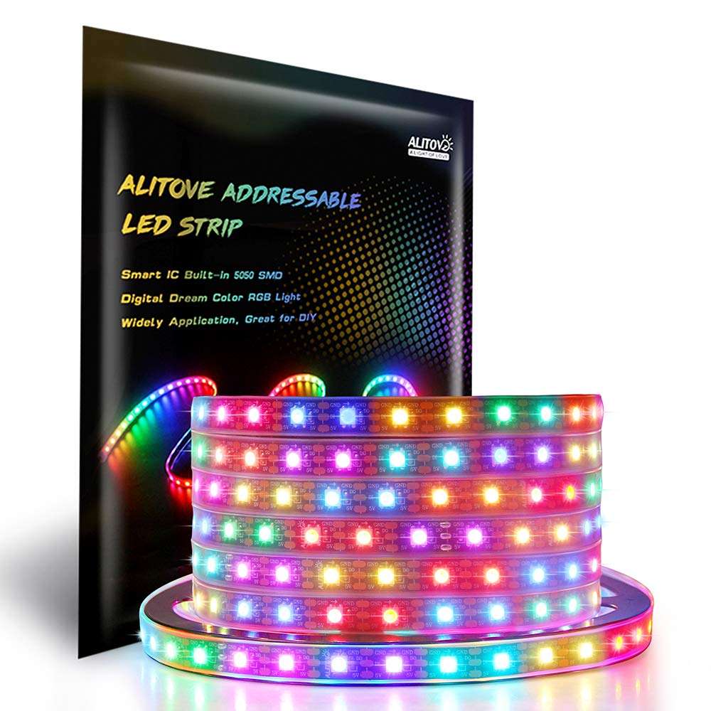 ALITOVE WS2812B Individually Addressable LED Strip Light 5050 RGB 16.4ft 300 LED Pixel Flexible Lamp Tube Waterproof IP67 Black PCB DC 5V 1