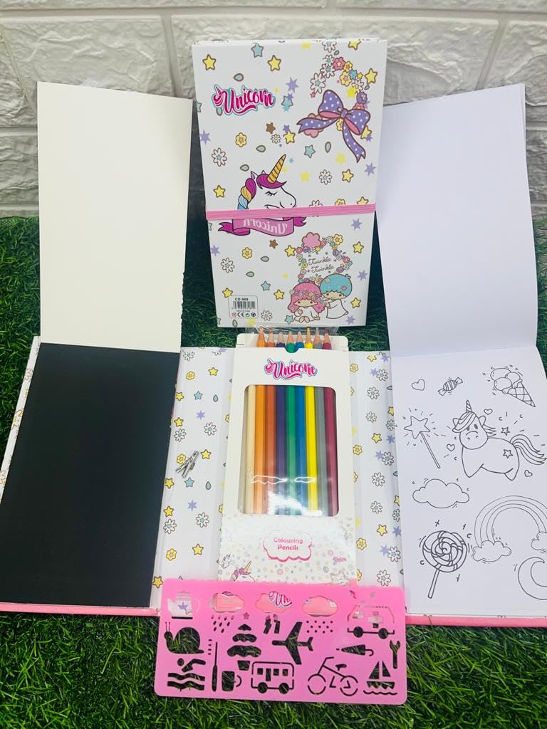 Paaroots Pack of 1 Mix Theme Coloring Scratch Book with 8 Double Side Colour Pencils and Stencils Art and Craft Drawing Scratch Book Set for 3+ Years Old Boys, Girls Return Gift for Kids[ Any1 Theme ] 4