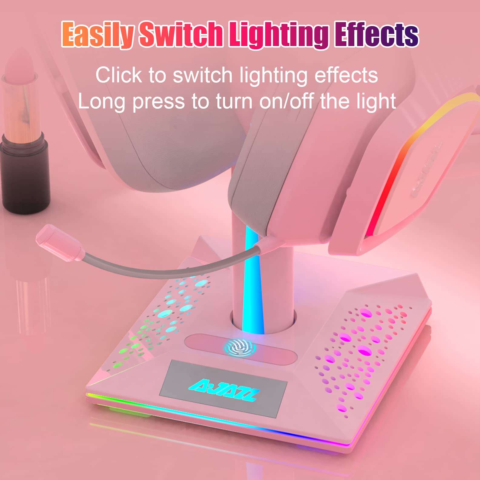 AJAZZ EB01 RGB Headphone Stand with 2 USB Ports and 3.5mm AUX, 14 RGB Lighting Effects, Desk Gaming Headset Holder Hanger Rack (Black) 6