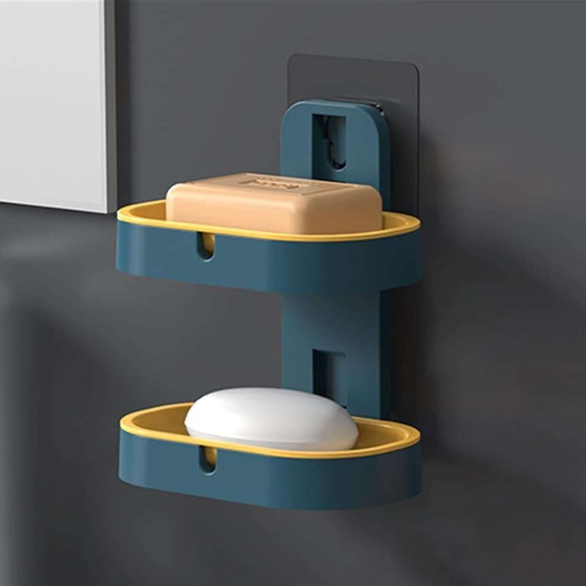 IBELL Wall Mounted Double Layer Soap Dish Holder with Drain Tray, Self Adhesive No-Drill Soap Stand for Bathroom & Kitchen | Plastic Soap Holder (10 x 15) cm 3