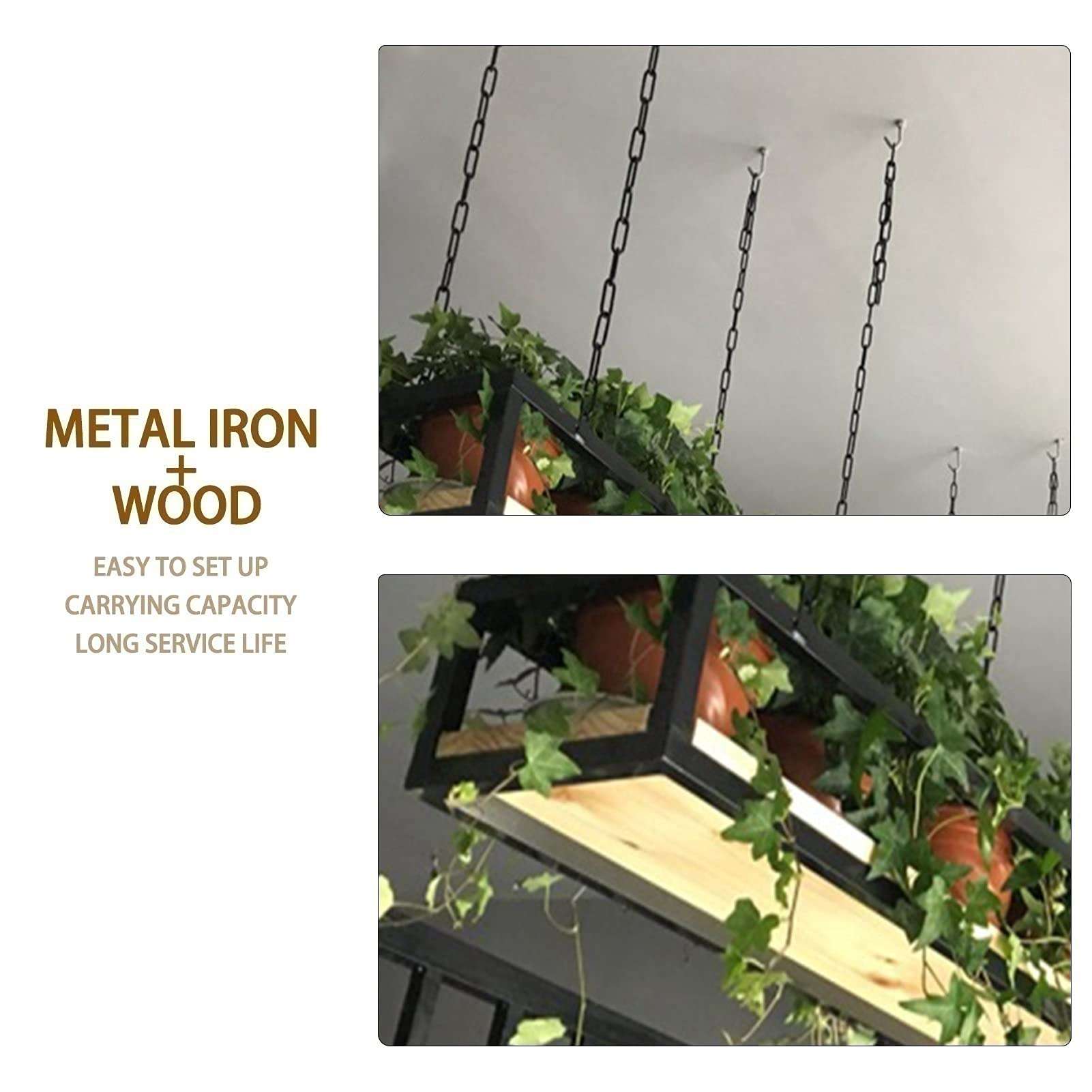 Retro Hanging Flower Shelf Pot Pan rack Storage Rack for Balcony Kitchen, Ceiling-Type Plant Stand Wine Holder Living Room Bar With Iron Chain Article And Wood Bottom Decorations Display Shelving 5