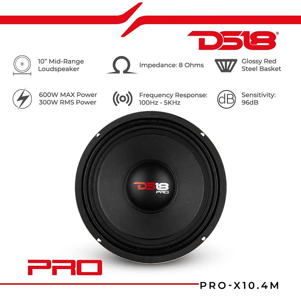 DS18 PRO-X10.4M Loudspeaker - 10", Midrange, Red Steel Basket, 600W Max, 300W RMS, 4 Ohms - Premium Quality Audio Door Speakers for Car or Truck Stereo Sound System (1 Speaker) 2
