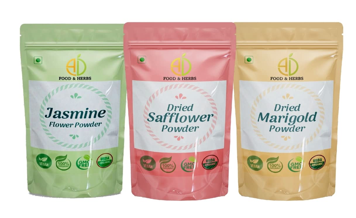 A D Food & Herbs Combo of Jasmine/Safflower/Marigold Flower Powder Aromatic Edible for Homemade Lattes, Tea Blends, Bath Salts, Face packs & Body packs (20 GMS x Pack of 3) 1
